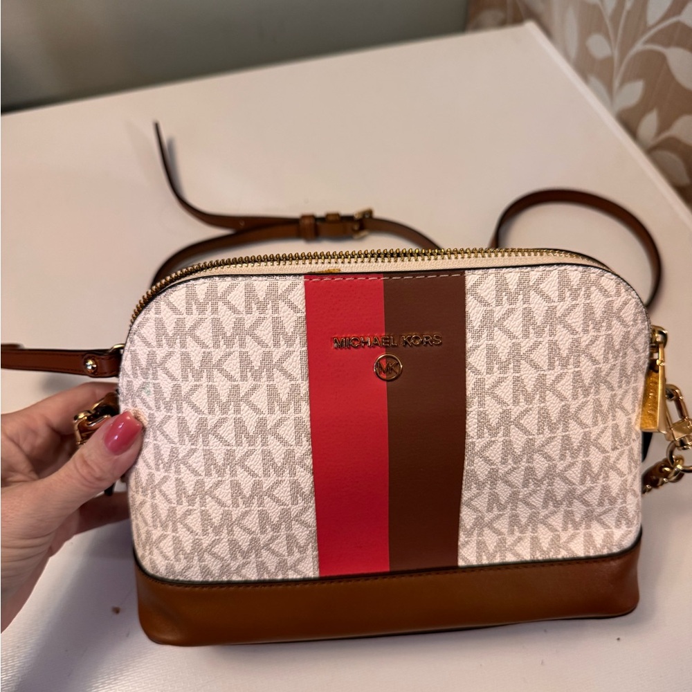 Michael Kors Red and Brown Crossbody Bag with Signature Style